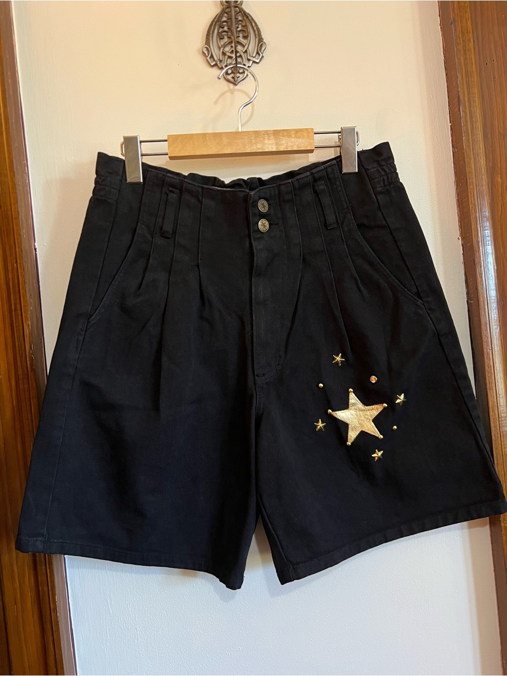 Vintage 80s Black Denim High-Waist Shorts with Gold Star Embroidery